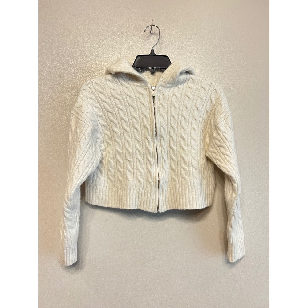 Aritzia Cream White Cable Knit Zip Up Cropped Hoodie Wool Blend Sweater